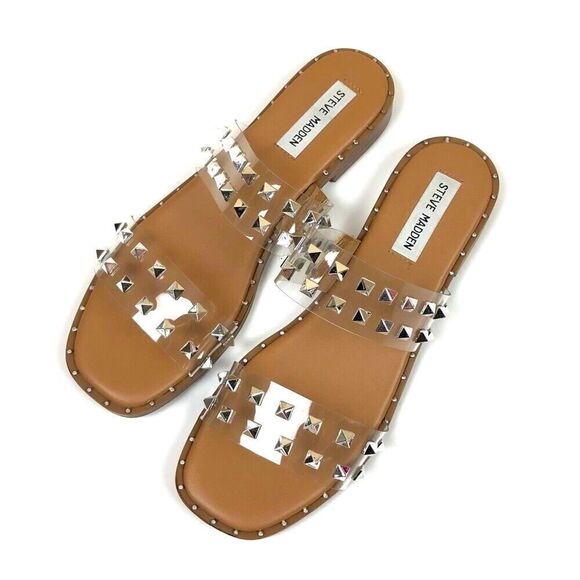 Steve Madden Tan and Silver Studded Slip On Sandals. - Picture 1 of 7
